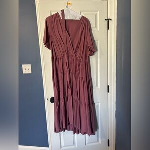 BloomChic Mauve Wrap Tiered Midi Dress